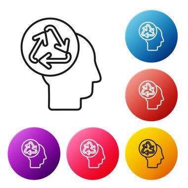 Siyah çizgi insan kafası, beyaz arka planda izole edilmiş geri dönüşüm simgesi. Geri dönüşüm düşüncesi. Ekoloji dostu. Renkli daire düğmelerini ayarlayın. Vektör İllüstrasyonu