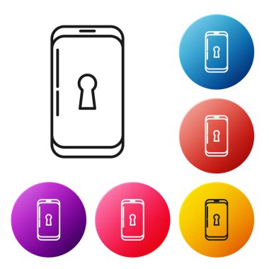 Beyaz arkaplanda kilit simgesi olan siyah çizgi akıllı telefon. Kilitli telefon. Gezici güvenlik, güvenlik, koruma konsepti. Renkli daire düğmelerini ayarlayın. Vektör İllüstrasyonu