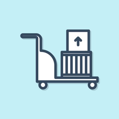 Mavi çizgi elektrikli el arabası ve mavi arka planda izole edilmiş kutular. Dolly sembolü. Vektör İllüstrasyonu