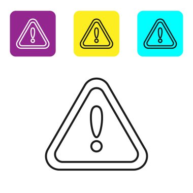 Beyaz arkaplanda siyah çizgi ünlem işareti. Tehlike uyarısı, dikkat, dikkat, tehlike uyarısı önemli bir işaret. Renkli kare düğmeleri ayarlayın. Vektör İllüstrasyonu