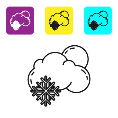 Beyaz zemin üzerinde kar ve güneş ikonu olan siyah çizgi bulutu. Kar taneli bulut. Tek hava ikonu. Kar tabelası. Renkli kare düğmeleri ayarlayın. Vektör İllüstrasyonu
