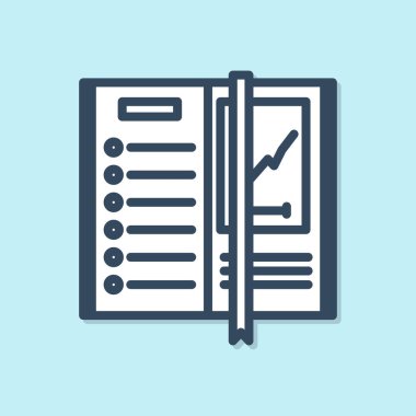 Mavi çizgi Not Defteri simgesi mavi arkaplanda izole edildi. Spiral not defteri simgesi. Yazı tahtası. İş günlüğü. Not defteri kapağı tasarımı. Vektör İllüstrasyonu