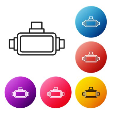 Siyah çizgi Sanal gerçeklik gözlüğü simgesi beyaz arkaplanda izole edilmiş. Stereoskopik 3D VR maskesi. Renkli daire düğmelerini ayarlayın. Vektör İllüstrasyonu