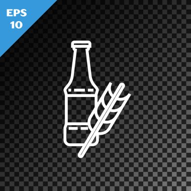 Beyaz çizgi bira şişesi simgesi şeffaf koyu arkaplanda izole edilmiş. Vektör İllüstrasyonu
