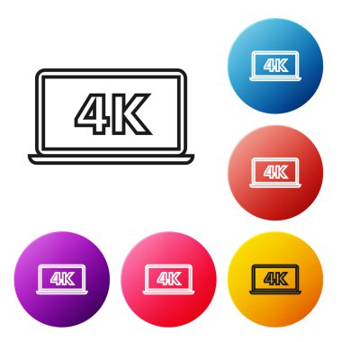 Beyaz zemin üzerinde 4k video teknolojisi simgesi olan siyah çizgi dizüstü ekran. Renkli daire düğmelerini ayarlayın. Vektör İllüstrasyonu