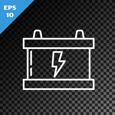 Beyaz çizgili araba aküsü simgesi, şeffaf koyu arkaplanda izole edilmiş. Akümülatör bataryası enerji ve elektrik akümülatörü bataryası. Şimşek çaktı. Vektör İllüstrasyonu