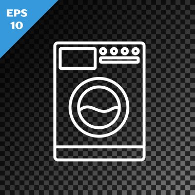 Beyaz çizgi yıkama simgesi, şeffaf koyu arkaplanda izole edilmiş. Çamaşır makinesi simgesi. Çamaşır makinesi, çamaşır makinesi. Ev aletleri sembolü. Vektör İllüstrasyonu