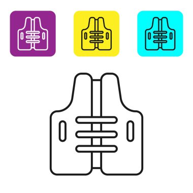 Siyah çizgi Hayat Ceketi simgesi beyaz arkaplanda izole edildi. Can yeleği ikonu. Olağanüstü bir spor. Spor malzemeleri. Renkli kare düğmeleri ayarlayın. Vektör İllüstrasyonu