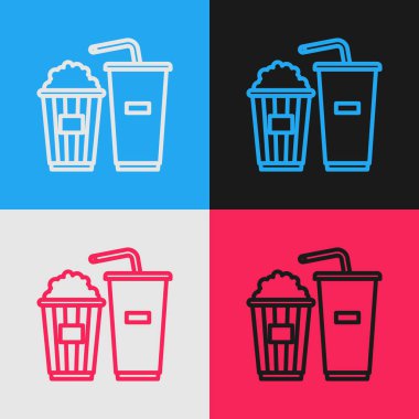 Karton kutuda renkli patlamış mısır ve renkli arka planda izole edilmiş saman ve su ikonu içeren kağıt bardak. Soda bardağı. Klasik tarzda çizim. Vektör İllüstrasyonu