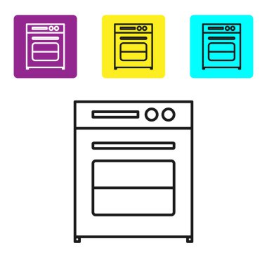 Beyaz arkaplanda siyah çizgi fırın simgesi izole edildi. Fırın tabelası. Renkli kare düğmeleri ayarlayın. Vektör İllüstrasyonu