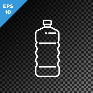 Beyaz çizgi plastik şişe simgesi şeffaf koyu arkaplanda izole edilmiş. Vektör İllüstrasyonu