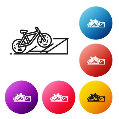 Beyaz arka planda izole edilmiş siyah çizgi bisiklet sokak rampası ikonu. Kaykay parkı. Olağanüstü bir spor. Spor malzemeleri. Renkli daire düğmelerini ayarlayın. Vektör İllüstrasyonu