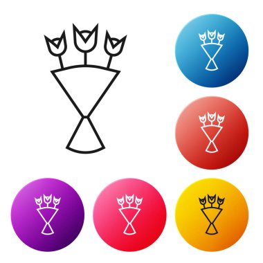 Siyah çizgi Buket çiçek simgesi beyaz arka plan üzerinde izole. Simgeleri renkli daire düğmeleri ayarlayın. Vektör İllüstrasyonu