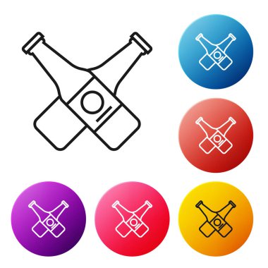 Siyah çizgi, beyaz arka planda izole edilmiş bira şişesi ikonu. Renkli daire düğmelerini ayarlayın. Vektör İllüstrasyonu