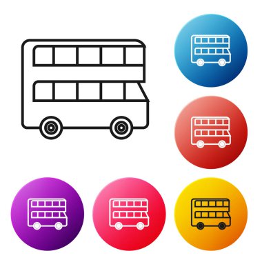 Siyah çizgi çift katlı otobüs simgesi beyaz arkaplanda izole edildi. Londra klasik yolcu otobüsü. Toplu taşıma sembolü. Renkli daire düğmelerini ayarlayın. Vektör İllüstrasyonu