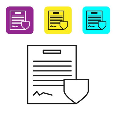 Beyaz arkaplanda siyah çizgi ikonu var. Sigorta konsepti. Güvenlik, güvenlik, koruma, konsept koruma. Renkli kare düğmeleri ayarlayın. Vektör İllüstrasyonu