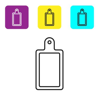 Siyah çizgi kesme tahtası simgesi beyaz arkaplanda izole edildi. Kesme tahtası sembolü. Renkli kare düğmeleri ayarlayın. Vektör İllüstrasyonu