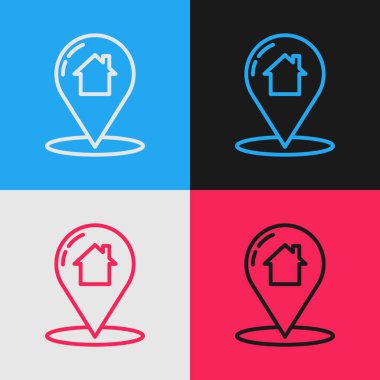 Renk arkaplanı üzerinde ev simgesi izole edilmiş renk çizgisi haritası işaretçisi. Ev konumu belirleyici sembol. Klasik tarzda çizim. Vektör İllüstrasyonu