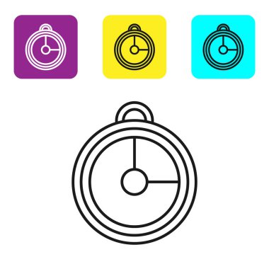 Siyah çizgi mutfak zamanlayıcısı simgesi beyaz arkaplanda izole edildi. Mutfak aletleri. Renkli kare düğmeleri ayarlayın. Vektör İllüstrasyonu