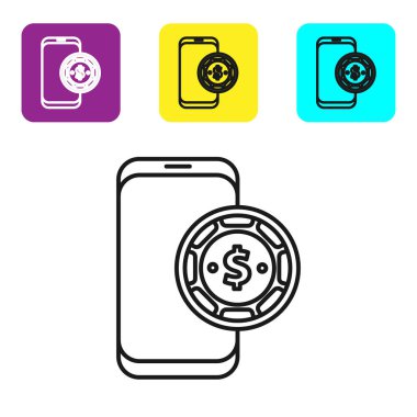 Siyah çizgi Online poker masası simgesi beyaz arkaplanda izole edildi. İnternetteki kumarhane. Renkli kare düğmeleri ayarlayın. Vektör İllüstrasyonu