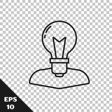 Siyah çizgi insan kafası ve şeffaf arka planda izole lamba ikonu. Vektör İllüstrasyonu