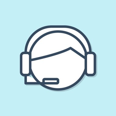 Mavi arkaplanda izole edilmiş kulaklık simgesi olan mavi çizgi adamı. Destek operatörü hatta. Çağrı merkezi konsepti, müşteri destek servisi. Vektör İllüstrasyonu