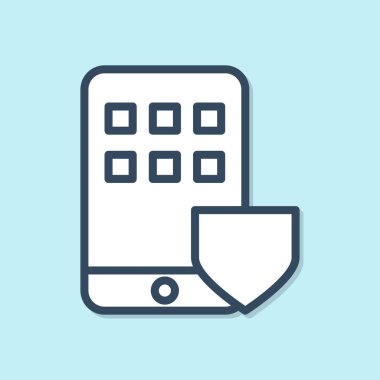 Mavi hat cep telefonu ve mavi arka planda kalkan simgesi var. Akıllı telefon sigortası. Güvenlik, güvenlik, koruma, konsept koruma. Vektör İllüstrasyonu