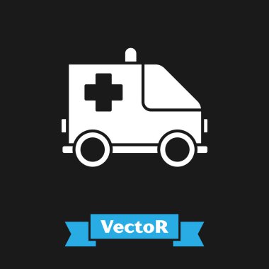 Siyah arka planda beyaz ambulans ve acil durum arabası ikonu var. Ambulans aracı tıbbi tahliye. Vektör İllüstrasyonu