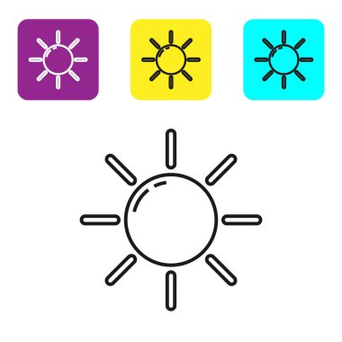Siyah çizgi Sun simgesi beyaz arkaplanda izole edildi. Renkli kare düğmeleri ayarlayın. Vektör İllüstrasyonu