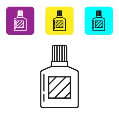 Beyaz arka planda siyah çizgi tıraş losyonu ikonu izole edildi. Parfüm spreyi ikonu. Erkek parfüm şişesi. Renkli kare düğmeleri ayarlayın. Vektör İllüstrasyonu