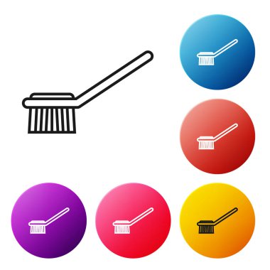 Siyah çizgi tuvalet fırçası simgesi beyaz arkaplanda izole edildi. Renkli daire düğmelerini ayarlayın. Vektör İllüstrasyonu