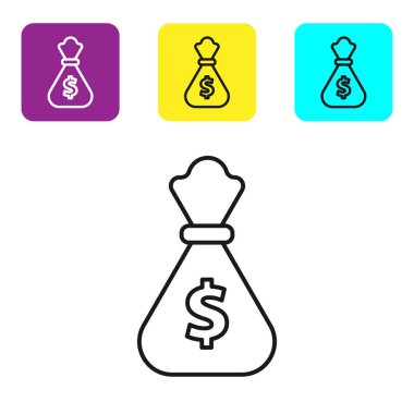 Siyah çizgi Para çantası simgesi beyaz arka plan üzerinde izole. Dolar veya Usd sembolü. Nakit Bankacılık para birimi işareti. Simgeleri renkli kare düğmeleri ayarlayın. Vektör İllüstrasyonu