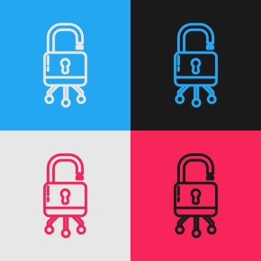 Renk çizgisi siber güvenlik simgesi renk arkaplanında izole edildi. Dijital devre kartında kapalı asma kilit. Güvenlik kavramı. Dijital veri koruması. Klasik tarzda çizim. Vektör İllüstrasyonu