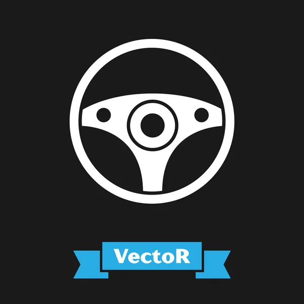 Icono blanco del volante aislado sobre fondo negro. Icono de rueda de coche. Ilustración vectorial — Vector de stock