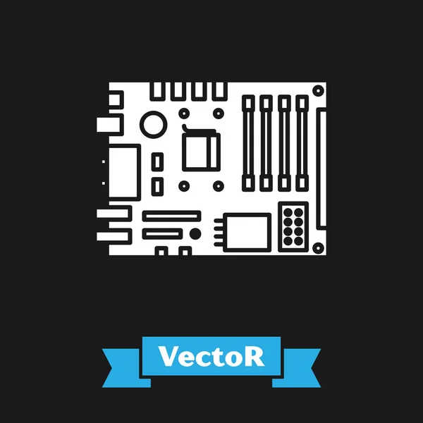 Weiße elektronische Computerkomponenten Motherboard Digitalchip integrierte Wissenschaft Symbol isoliert auf schwarzem Hintergrund. Leiterplatte. Vektorillustration — Stockvektor