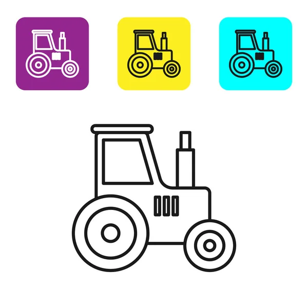 Zwarte Lijn Tractor Pictogram Geïsoleerd Witte Achtergrond Stel Pictogrammen Kleurrijke — Stockvector