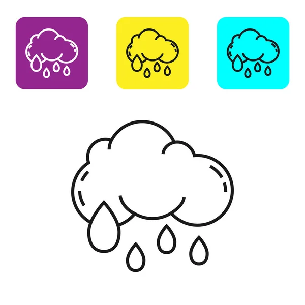 Black line Cloud with rain icon isolated on white background. Rain cloud precipitation with rain drops. Set icons colorful square buttons. Vector Illustration