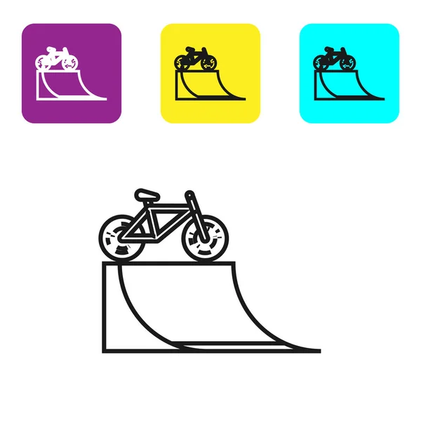 Black line Bicycle on street ramp icon isolated on white background. Skate park. Extreme sport. Sport equipment. Set icons colorful square buttons. Vector Illustration