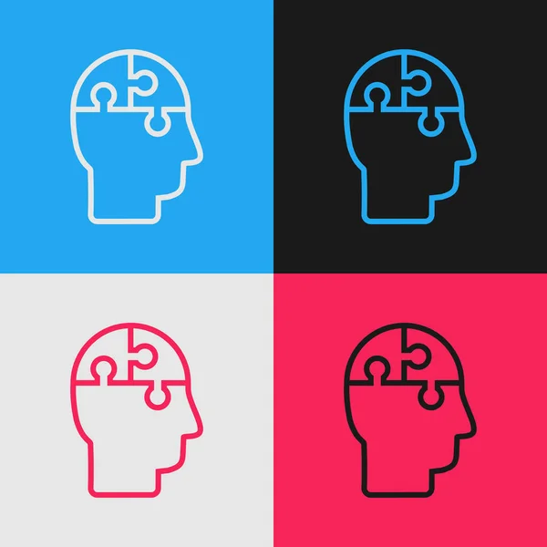 カラーライン人間の頭のパズル戦略アイコンの色の背景に隔離された 脳のサインだ脳の象徴的な働き ヴィンテージスタイルのドローイング ベクターイラスト — ストックベクタ