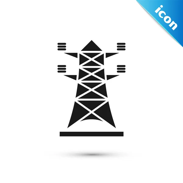 黑电塔用来支持在白色背景上隔离的架空电力线图标. 高压电线杆。 病媒图解 — 图库矢量图片