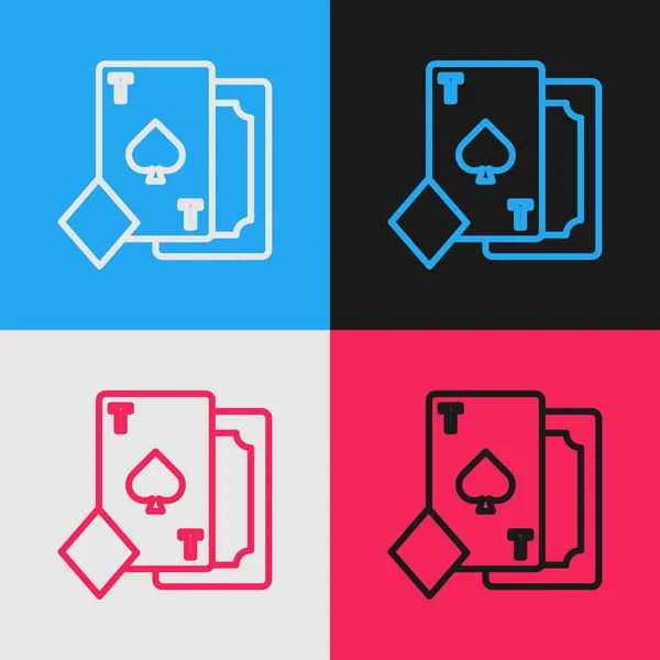 Línea Color Jugando Las Cartas Con Símbolos Picas Aislados Fondo — Vector de stock