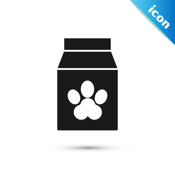 Zwarte tas van voedsel voor huisdier pictogram geïsoleerd op witte achtergrond. Voedsel voor dieren. Huisdier voedselpakket. Hond of kat Paw Print. Vector illustratie — Stockvector