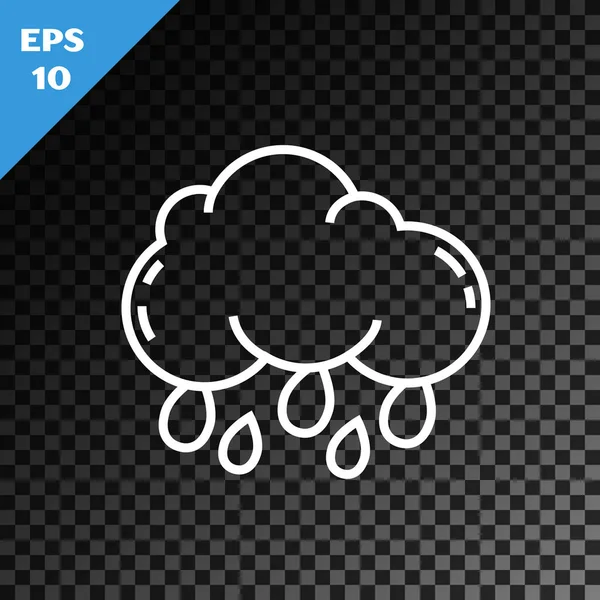 White line Cloud with rain icon isolated on transparent dark background. Rain cloud precipitation with rain drops.  Vector Illustration