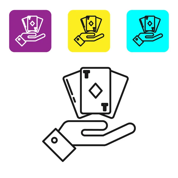 Black Line Hand Holding Deck Playing Cards Icon Isolated White — Stok Vektör