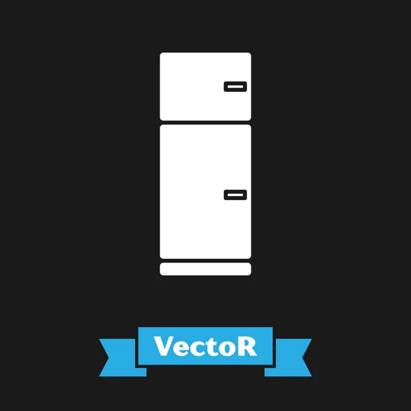 Weißes Kühlschranksymbol isoliert auf schwarzem Hintergrund. Kühlschrank mit Gefrierfach Kühlschrank. Haushaltstechnologie und Haushaltsgeräte. Vektorillustration — Stockvektor