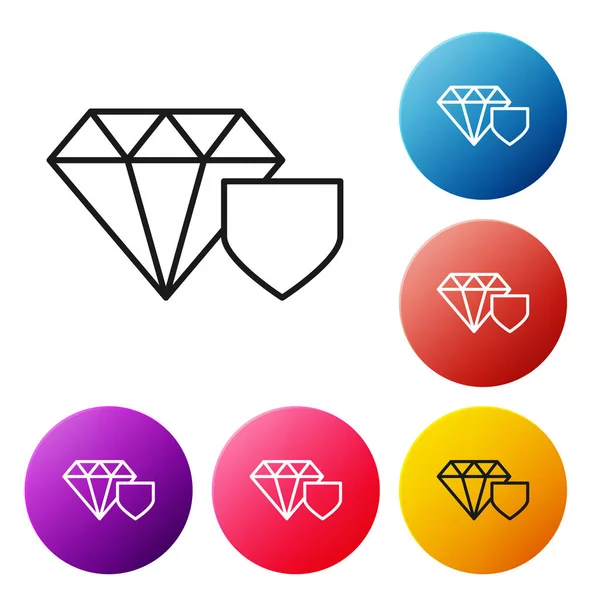 Svart Linje Diamond Med Sköld Ikon Isolerad Vit Bakgrund Smyckesförsäkring — Stock vektor