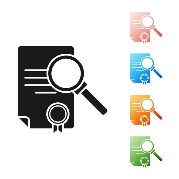 Black Document with search icon isolated on white background. File and magnifying glass icon. Analytics research sign. Set icons colorful. Vector Illustration — Stock Vector