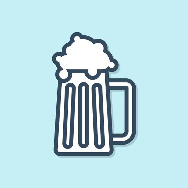 Linha Azul Ícone Caneca Cerveja Madeira Isolado Fundo Azul Ilustração — Vetor de Stock