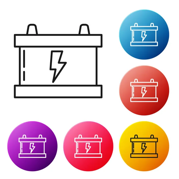 ブラックライン白の背景に隔離された車のバッテリーアイコン 蓄電池のエネルギー電力と電気蓄電池 稲妻だカラフルな丸ボタンを設定します ベクターイラスト — ストックベクタ