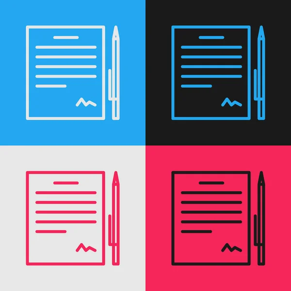 Farblinienvertrag Mit Stift Symbol Auf Farbigem Hintergrund Isoliert Dateisymbol Checklisten — Stockvektor